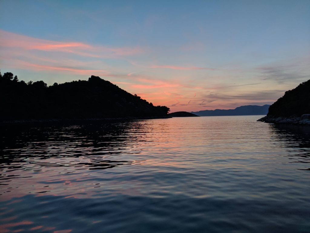 Sunset view from our anchorage in Uvala Prozura